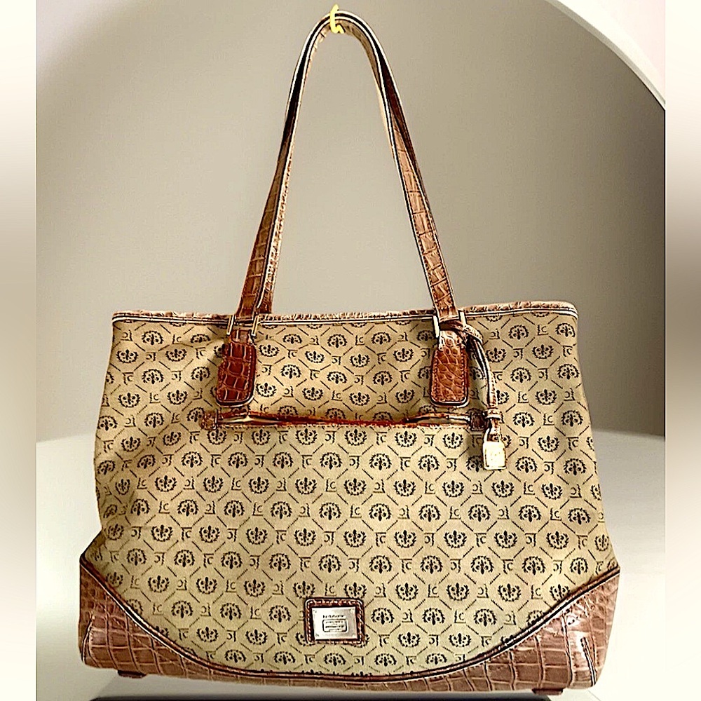🐊LIZ CLAIBORNE🐊LOGO CANVAS CROC EMBOSSED VINYL TRIM SECTIONS POCKETS VTG PURSE